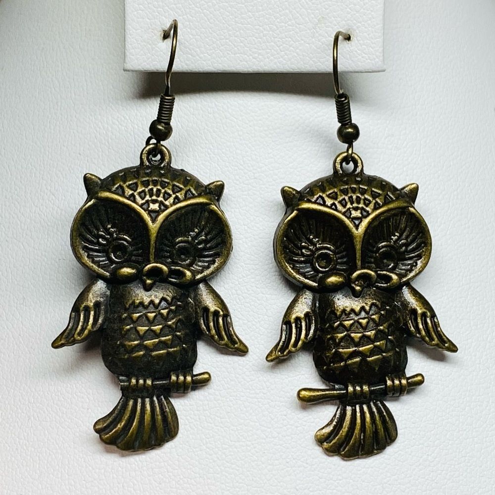 Cute Antique Bronze Owl Dangle Earrings, Drop Hook, Charm,‎ Pierced Ears, 1.5 in